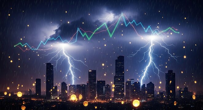 City Skyline Under Financial Storm with Lightning and Stock Market Graph - Powered by Adobe