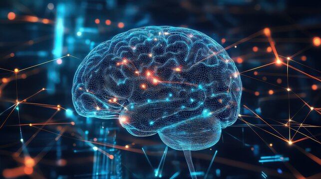 Digital brain with glowing connections representing ai neural networks and data transfer