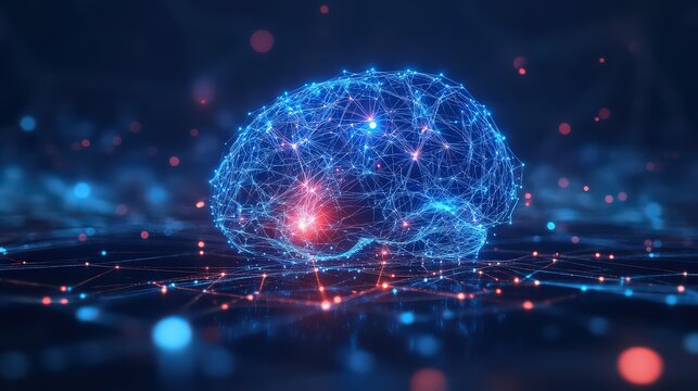 Glowing brain illustration with connected dots and lines on a dark blue background surface - Powered by Adobe