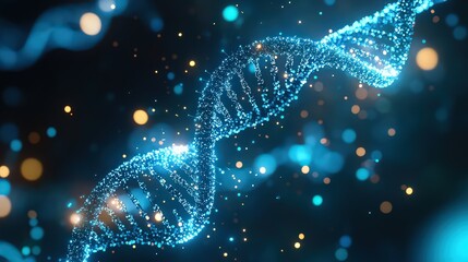 Illuminated dna strand with blue and gold bokeh lights floating in a dark background illustration