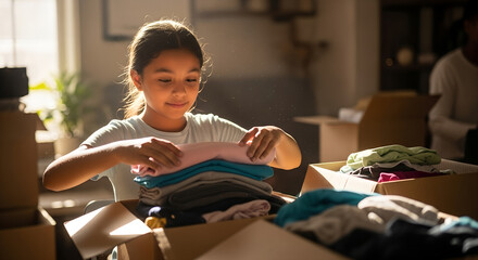 Young girl packing clothes into boxes while smiling at home  