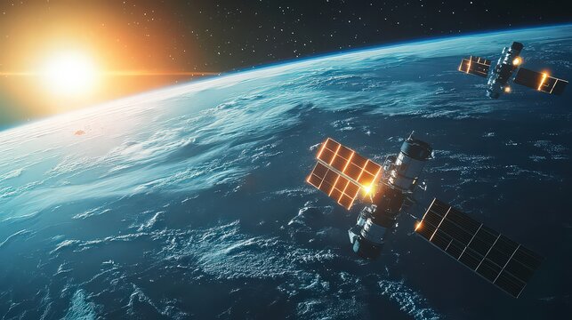 Two satellites orbiting earth with the sun rising over the horizon in the background view from space