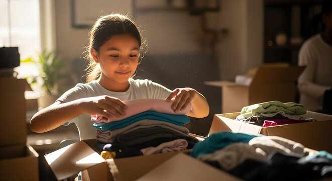 Young girl packing clothes into boxes while smiling at home   - Powered by Adobe