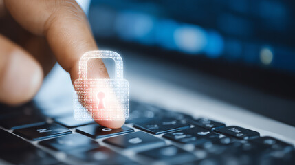 A close-up of a finger pressing a keyboard key with a digital lock symbol, representing cybersecurity and data protection.