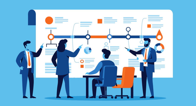 Dynamic team collaborates on strategic roadmap presentation, planning future growth with innovative timeline visuals in modern office setting.