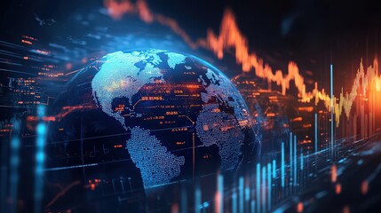 A digital globe with financial graphs and data overlays in a futuristic design aesthetic