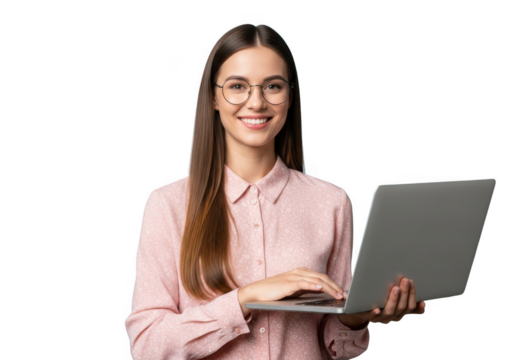 Smiling young woman with glasses holding laptop computer isolated on transparent background