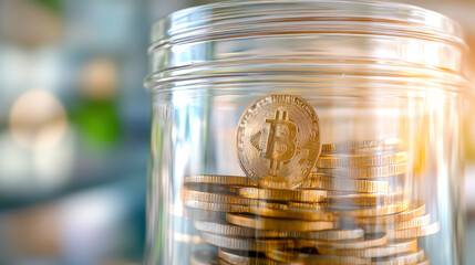 A close-up of a jar filled with coins symbolizing savings and investment, representing financial success and wealth accumulation.