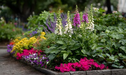  an english cottage garden filled with vibrant flowers like foxgloves, petunias, and lavender in various colors
