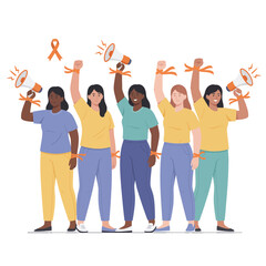 Obraz premium Diverse Women Holding Megaphones and Orange Ribbons Symbolizing Empowerment and the Fight Against Gender-Based Violence