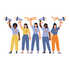 Obraz premium Diverse Women Holding Megaphones and Orange Ribbons Symbolizing Empowerment and the Fight Against Gender-Based Violence