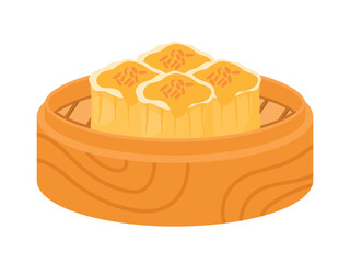 Steamed Dim sum siu mai Chinese in a bamboo steamer basket Chinese food isolated cartoon vector illustration