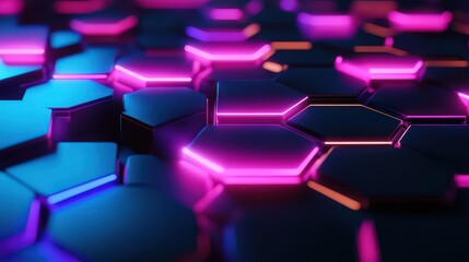 Abstract background with glowing hexagonal shapes in shades of blue and pink neon lights