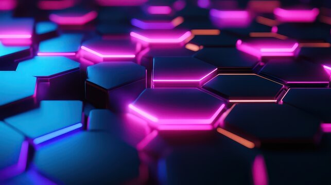 Abstract background with glowing hexagonal shapes in shades of blue and pink neon lights