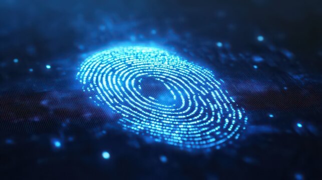 A glowing blue fingerprint with a digital effect on a dark background with blue light particles