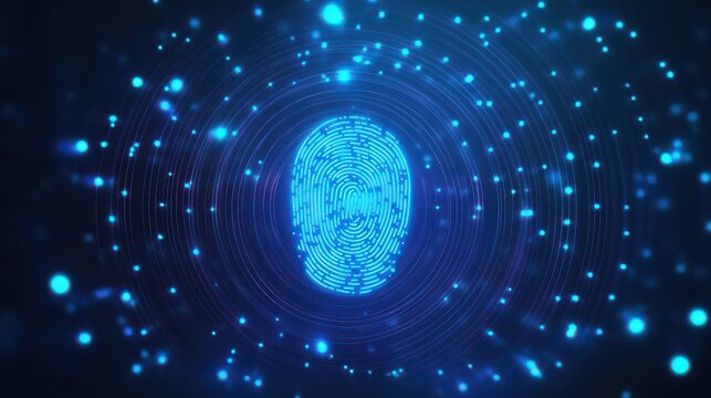 A glowing blue fingerprint surrounded by concentric circles and scattered glowing blue particles on a dark background