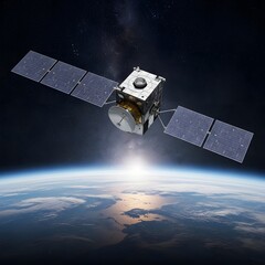 Communication satellite orbiting Earth at sunrise, reflecting light with solar panels and communication dish, against a star-filled space.