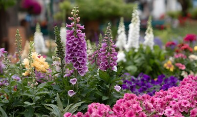Obraz premium an english cottage garden filled with vibrant flowers like foxgloves, petunias, and lavender in various colors