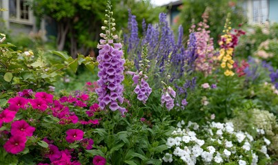  an english cottage garden filled with vibrant flowers like foxgloves, petunias, and lavender in various colors