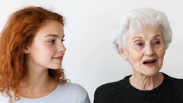Generational connection between young woman and senior female smiling looking at each other against white background