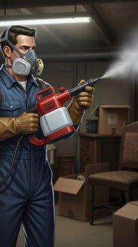 Male pest control worker in respirator mask fumigating storage room with spray, pest extermination and hygiene concept. Vertical video