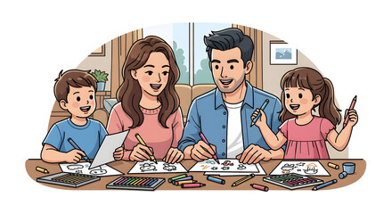 Family enjoying a relaxing day together, drawing and coloring creatively while bonding and creating memories at home