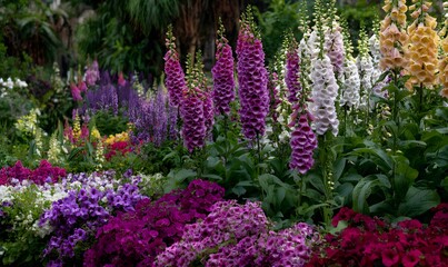 Obraz premium an english cottage garden filled with vibrant flowers like foxgloves, petunias, and lavender in various colors