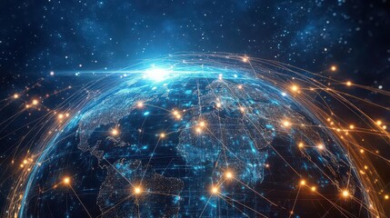 Global network connections with glowing nodes and lines over earth in a starry space background
