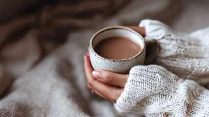 A woman's hands in a soft beige sweater hold a hot drink in a ceramic cup, close-up. A person warms their hands on a cup of hot chocolate or coffee. Illustration with a cozy atmosphere, copy space