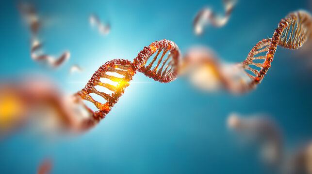 A close-up view of a DNA double helix, showcasing intricate structures against a vibrant blue background, symbolizing genetics and biology.