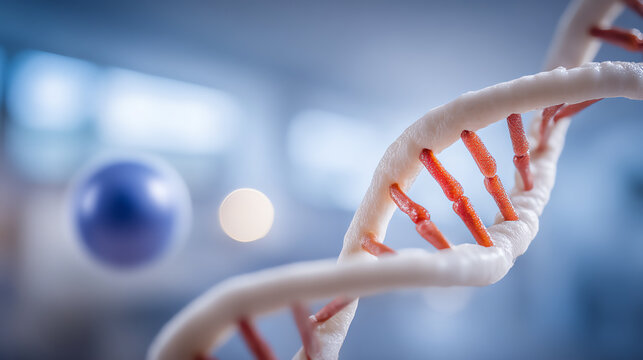A close-up view of a DNA double helix model, showcasing intricate details of molecular structure and biological significance.