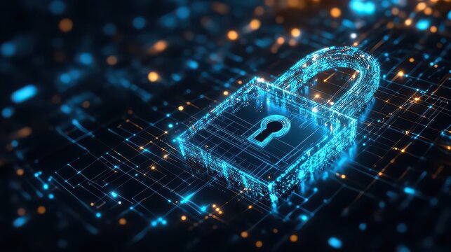 Digital padlock illuminated on a dark background with glowing lines and bokeh effects in blue and orange