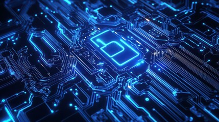 A close up view of a glowing blue circuit board pattern with a central square design element