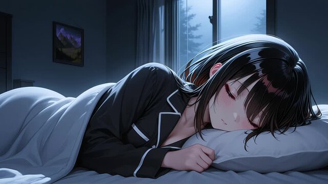 Cute sleeping anime girl with black hair, dressed in black pajamas, animated anime wallpaper for PC