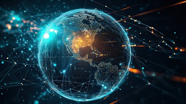 A glowing earth globe surrounded by a network of interconnected lines and bright spots of light
