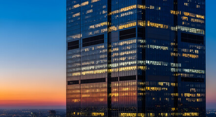 Fototapeta premium Modern skyscraper illuminated at dusk reflecting the warm hues of the setting sun, creating a stunning urban landscape