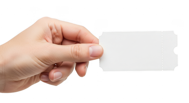 Hand holding blank white card isolated on transparent background for customizable use