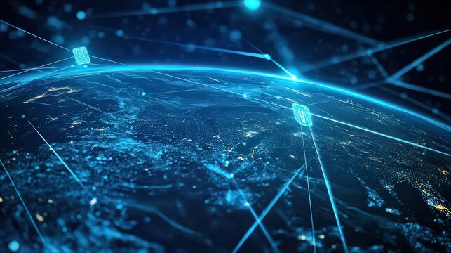A glowing earth with digital connections and network security icons over the surface of the planet