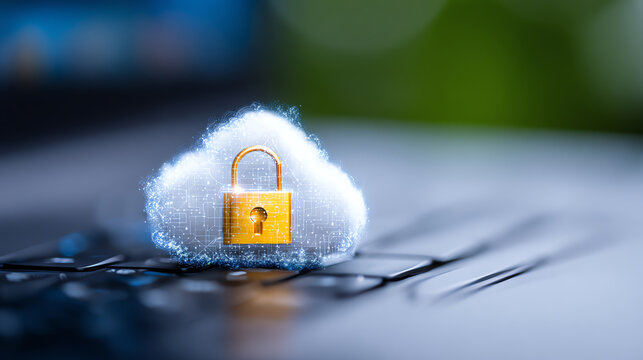 A cloud icon with a padlock symbolizes digital security and data protection in the modern technology landscape.