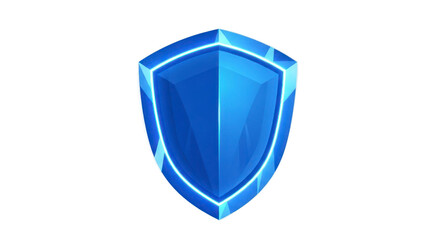Abstract blue shield graphic with glowing neon outline for security and protection
