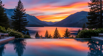 Serene Lakeside Infinity Pool Reflects Breathtaking Sunset With Majestic Mountains and Forested Shoreline