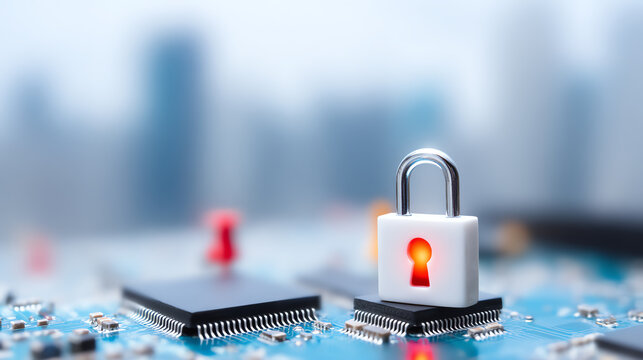 A conceptual image showcasing a padlock over a computer circuit, representing data security and digital protection.