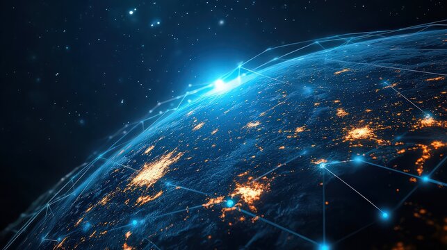 View of earth from space with glowing city lights and network connections overlaying the planet
