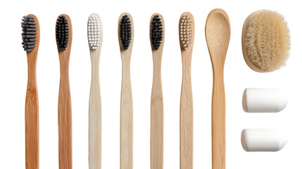 Modern Flat Lay Bamboo Toothbrush Collection with Sleek Lines on Transparent Background
