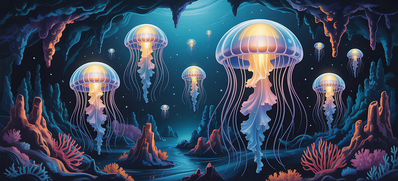 Glowing jellyfish floating in mystical underwater cave with coral reefs and neon light fantasy atmosphere