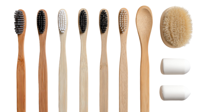 Modern Flat Lay Bamboo Toothbrush Collection with Sleek Lines on Transparent Background