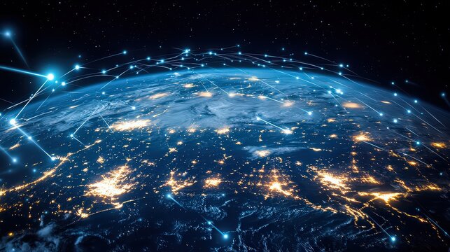 A view of earth from space with network connections and city lights at night visible below