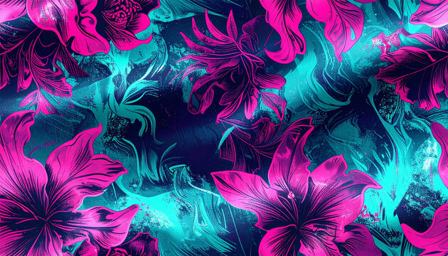 Vibrant floral abstract with pink lilies and turquoise swirls, creating a dynamic and colorful artistic composition.
