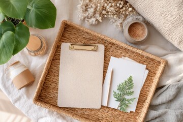 Natural Workspace Arrangement with a Clipboard, Stationery, Green Plant, and Decorative Elements for Minimalist Aesthetic and Photography Inspiration