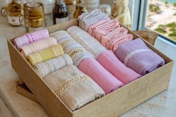 Neatly Organized Set of Colorful Hand Towels and Linen in a Natural Woven Basket on a Stylish Kitchen Countertop with Beautiful Scenery in Background